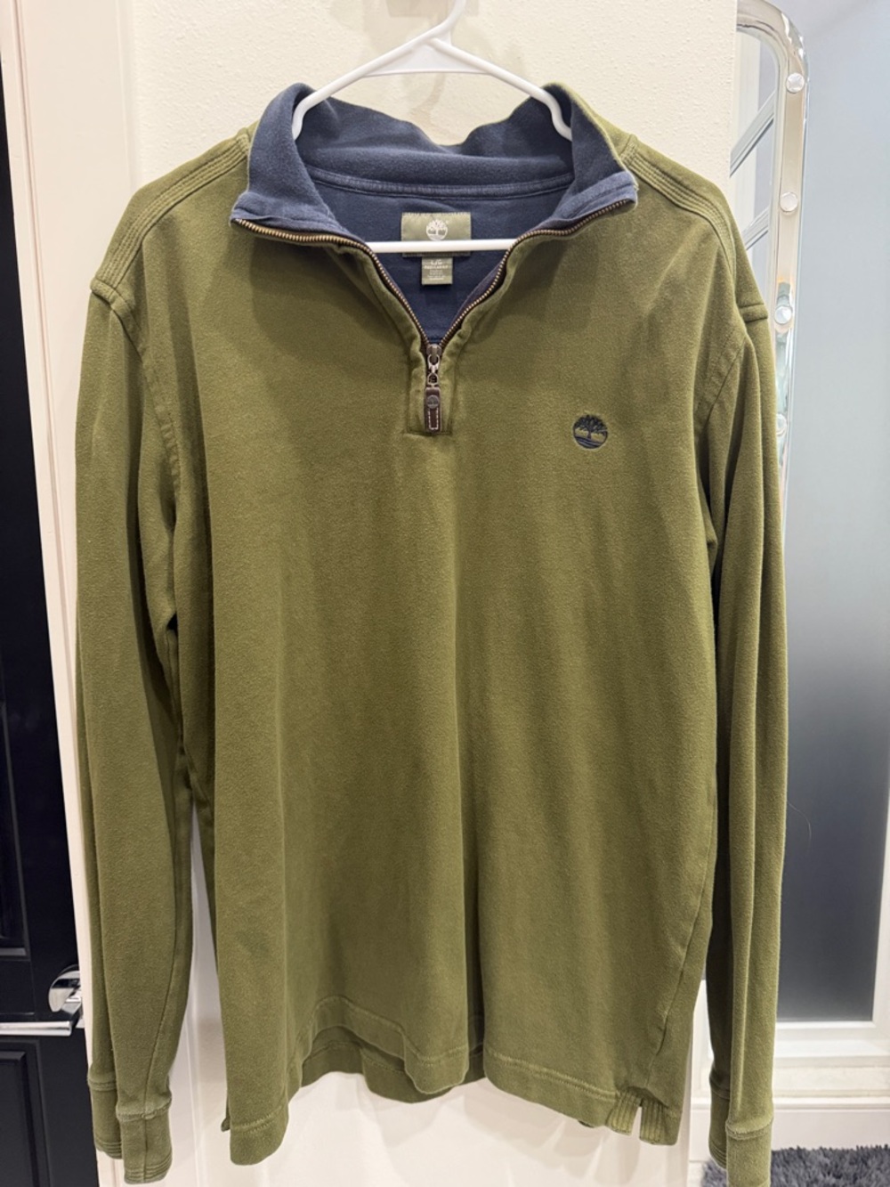 Timberland Olive Green Fleece Quarter-Zip with Navy Collar